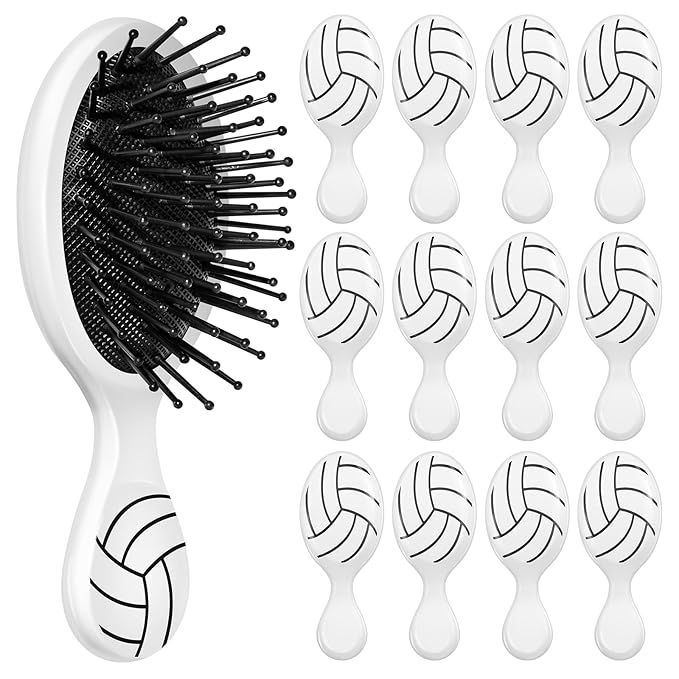 12 Pcs Volleyball Mini Detangler Brush, Mini Travel Hair Brush, Bristles Plastic Detangling Brush,No Tangle Soft Flexible Bristles for Straight, Curly, Thick Hair for Volleyball Team Gift Sport Party