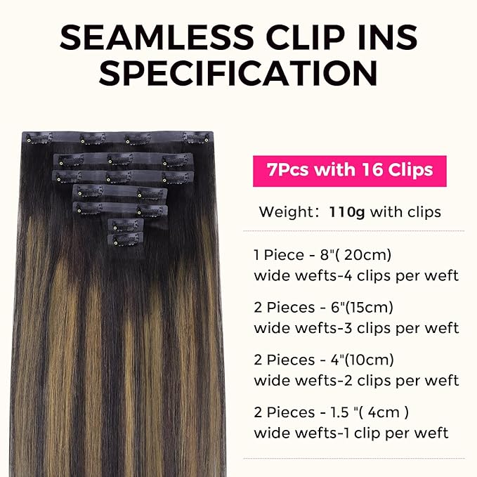 Lashey Seamless Hair Extensions Clip ins Staright 110g Natural Black Mixed Chestnut Brown 18 Inch 7pcs PU Weft Clip in Hair Extensions Real Human Hair with Invisi Edge for Black Women