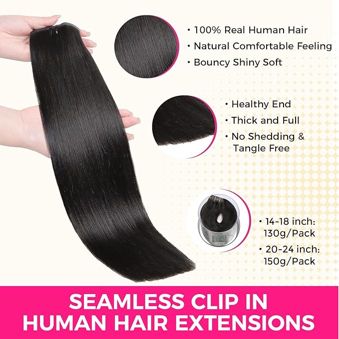 Lashey Light Yaki Straight Seamless Clip in Hair Extensions Human Hair 130g 9pcs 18 Inch Natural Black Clip in Hair Extensions for Women PU Clip ins with Invise Edge