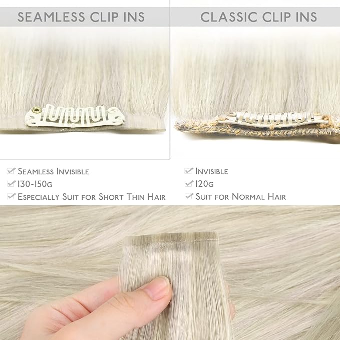 WENNALIFE Seamless Clip In Hair Extensions, 14 Inch 7pcs 130g Ash Blonde Highlighted Platinum Blonde Hair Extensions Clip In Real Human Hair Extensions Clip In Invisible PU Weft Human Hair Extensions