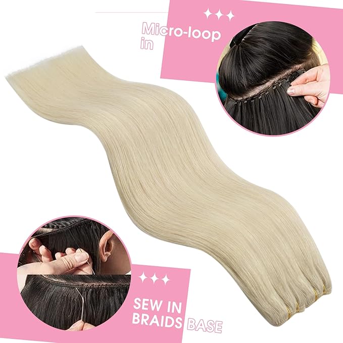 YoungSee Sew in Hair Extensions Real Human Hair Blonde Hair Extensions Weft Platinum Blonde Soft and Smooth Sew in Bundles Human Hair 18Inch 100G