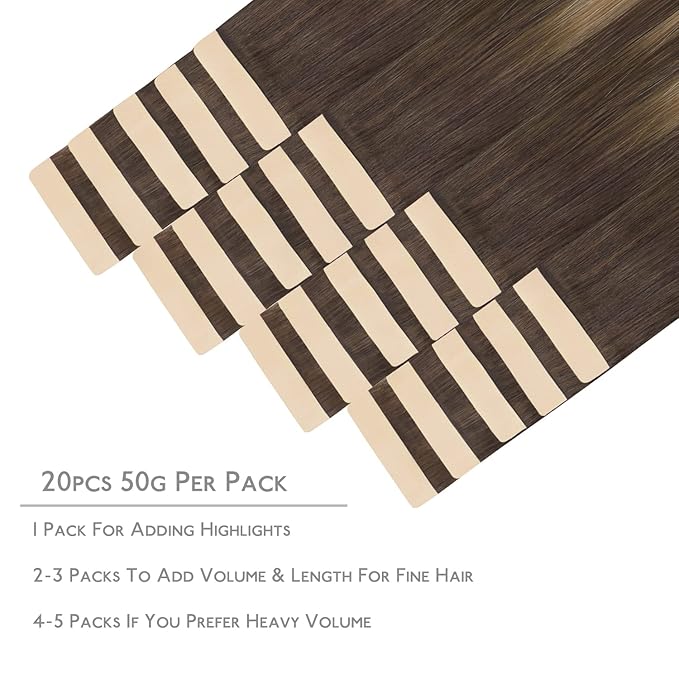 WENNALIFE Tape in Hair Extensions Human Hair, 20pcs 18 inch 50g Balayage Chocolate Brown to Honey Blonde Remy Tape Hair Extensions Real Human Hair Tape Extensions Coloured Hair Extensions