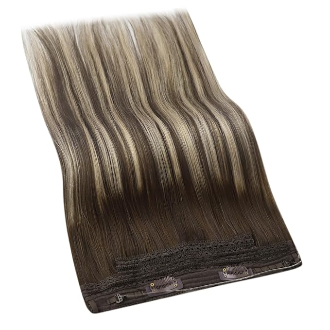 YoungSee 120G Wire Hair Extensions Balayage Brown Fish Line Hair Extensions Real Human Hair Ombre Dark Brown with Ash Blonde Hair Extensions Wire for Women 16Inch