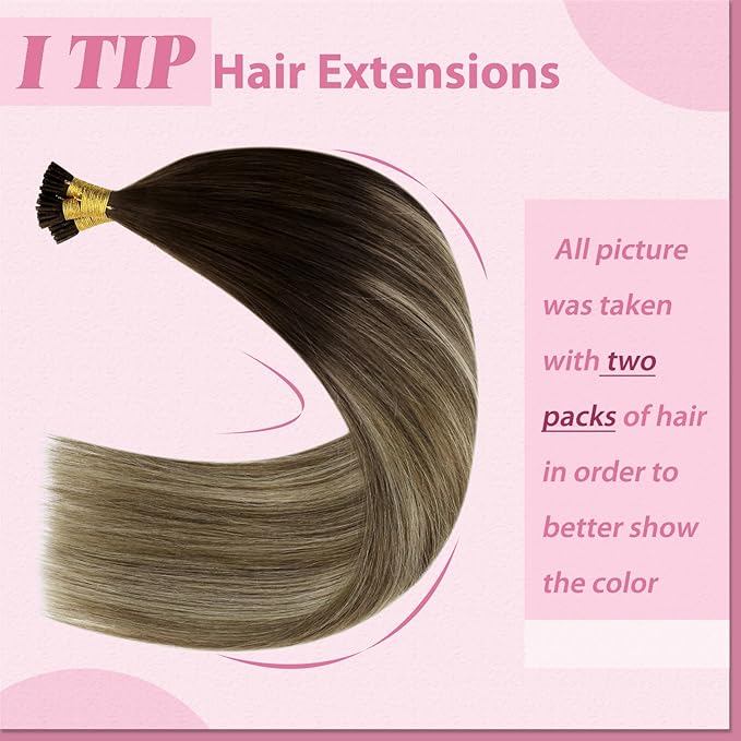 YoungSee I Tip Hair Extensions Balayage Itip Hair Extensions Human Hair Balayage Brown with Blonde I Tips Human Hair Extension 18 Inch Invisible I-Tip Hair Ombre for Adding Hair Volume 50g 60s