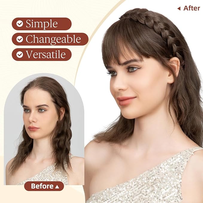 SARLA Braided Headband with 3 Detachable Clip in Bangs Fringe Hairpieces Fake Synthetic Hair Band Bangs for Women Coffee Brown