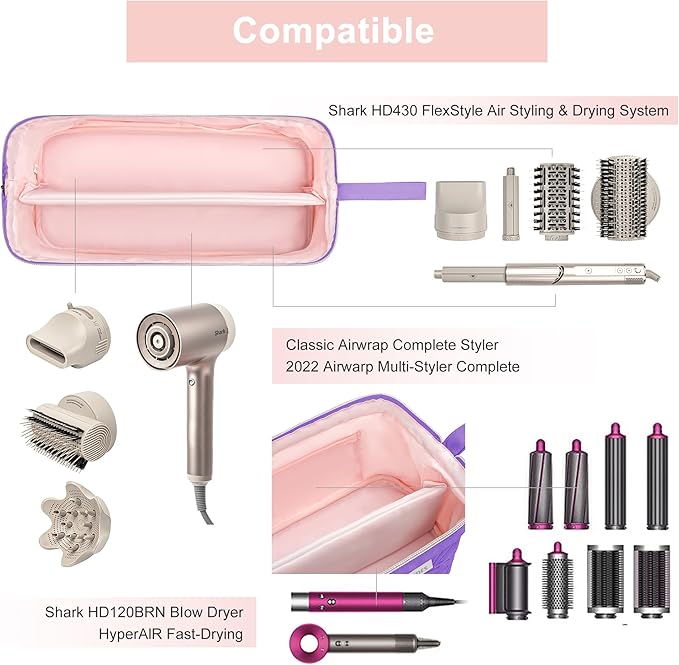 Leudes Hair Tools Travel Bag for Shark Flexstyle Carrying Case Portable Shark Hair Air Wrap Dryer Case Waterproof Dustproof Flat Curling Iron Travel Organizer (Purple)