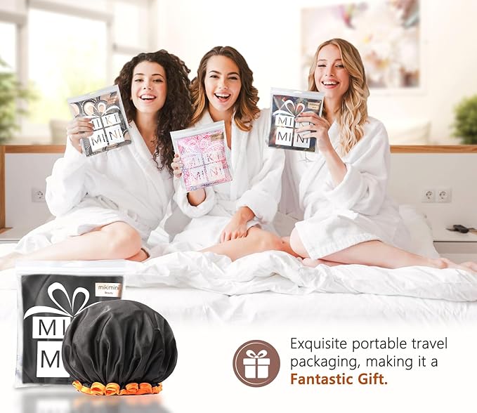 mikimini Small Black Shower Caps Pack of 2 for Kid, Double Layers Waterproof Bathing Hair Cap with Reusable Soft Comfortable PEVA Lining, Cute, Non-fading & Stretchy Shower Hat Small Pack of 2, Black + Orange