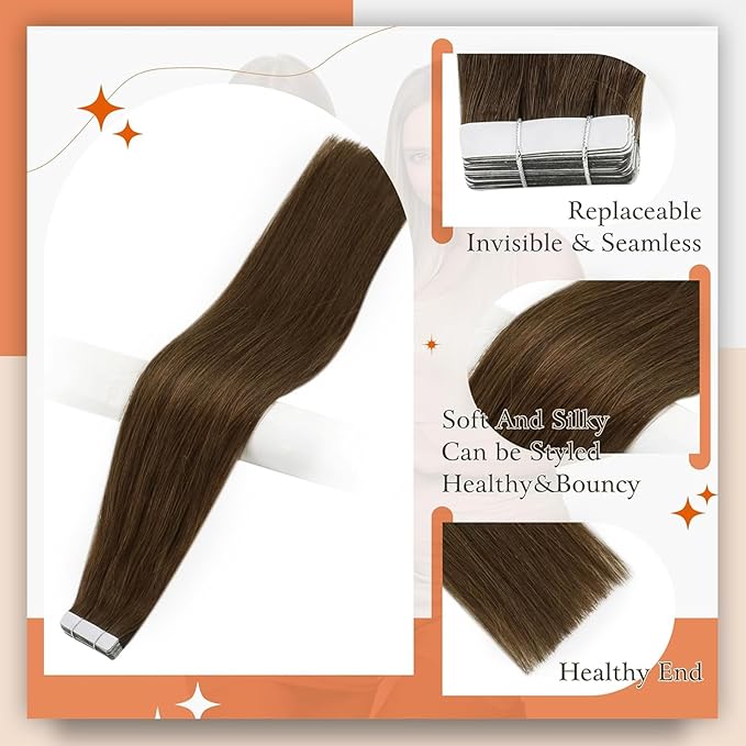 Full Shine Tape in Hair Extensions Human Hair Color 4 Medium Brown Tape in Extensions 18Inch Seamless Skin Weft Invisible Long Straight Extension 100G 40Pcs Soft Silky for Women