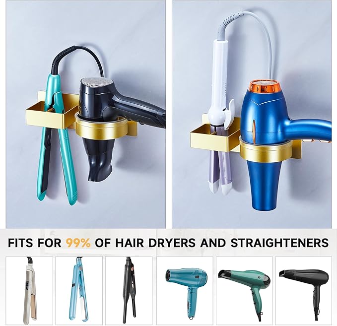 Blow Dryer Holder Wall Mounted, Hair Straightener Holder, Hair Dryer Holder Adhesive, Hair Tool Organizer for Flat Iron, Hairdryer, Curling Iron Holder for Bathroom Vanity Barber Shop (Gold)