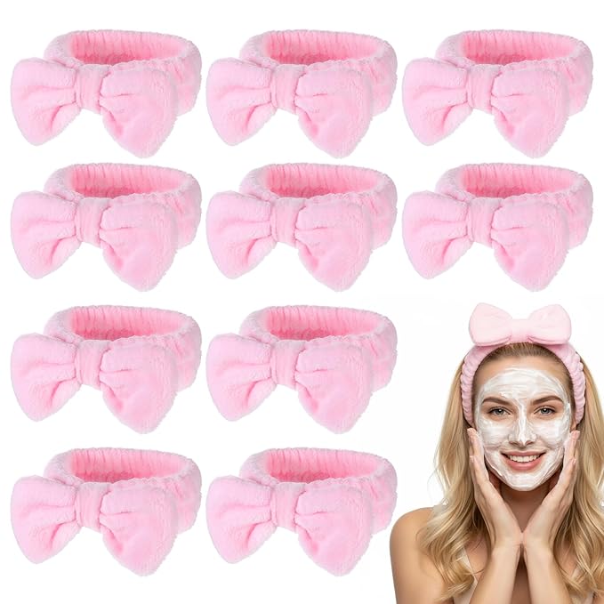 25 Pcs Pink Spa Headband Bulk, Elastic Makeup Headbands for Women, Soft Coral Fleece Hair Band for Washing Face, Cute Bow Hair Bands for Face Washing Shower Skin Care Yoga