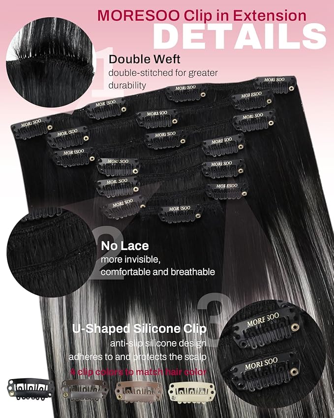 Moresoo Clip in Hair Extensions Black Ombre Grey Remy Double Weft Hair Extensions Clip ins Real Human Hair Balayage Black and Silver for Long Straight 7Pieces 120Grams 24inch