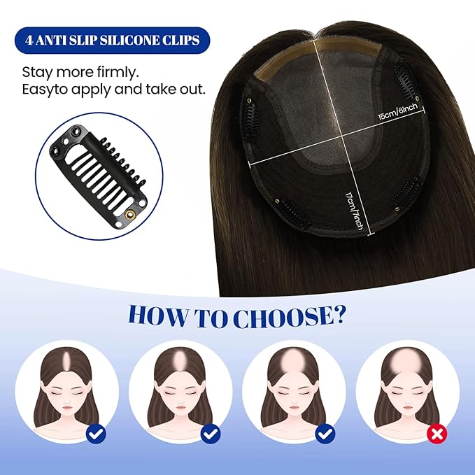 WORLDSTAR Human Hair Topper Real Hair Toppers for Women Add Volume 360°3D Coverage Hairpieces Hand-stitched,6 * 7 Inch Base 14Inch #2 Dark Brown,65g with Thinning Hair Upgrade Lace Base (tp#2-14)