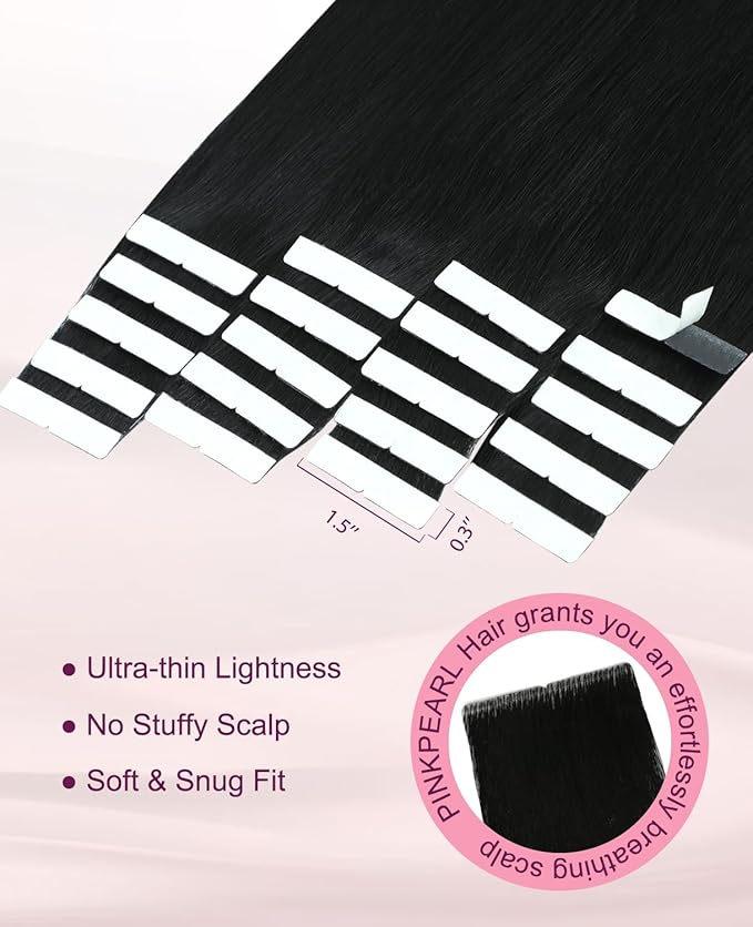 Pinkpearl Invisible Tape in Hair Extensions Human Hair, 20pcs 14inch 40g #1 Jet Black Injection Tape in Extensions Real Remy Straight Seamless Silky Human Hair Injected