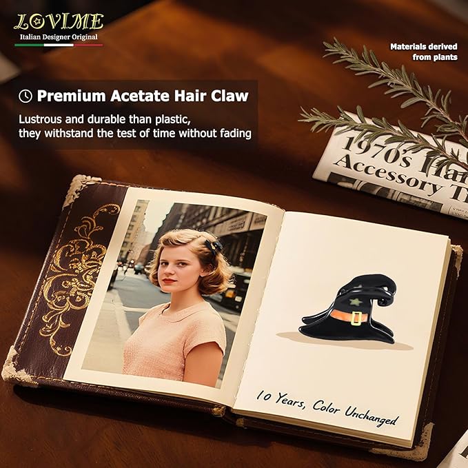 Original Italian-Designed Mini Hair Claw Clips for Women - Black Witch Hat, Handmade Cute Vintage Halloween Hair Accessories for Hair Deco, Plant-Based Acetate, Gift Boxed