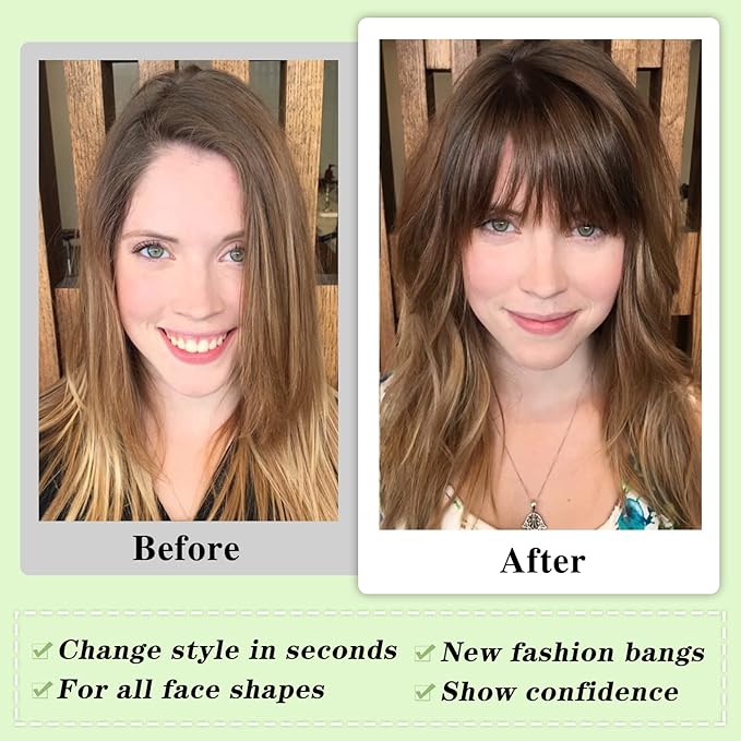 NAYOO Bangs Hair Clip -Medium Brown Fake Bangs 100% Real Human Hair Extensions Wispy Bangs for Women Fringe with Temples Hairpieces Curved Bangs for Daily Wear