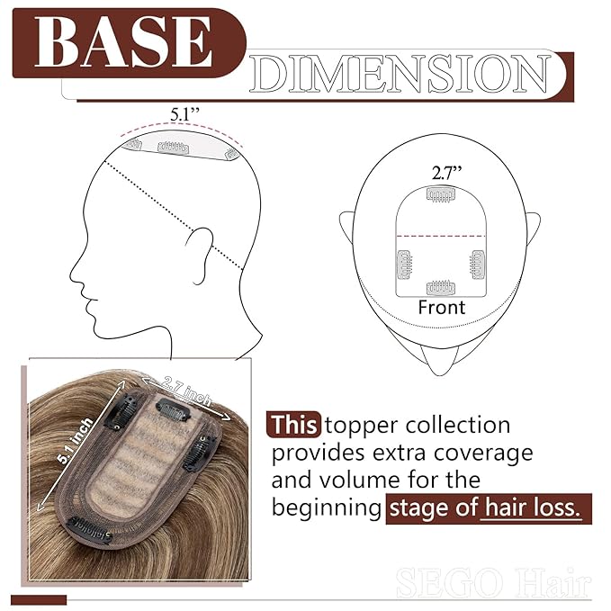 SEGO Real Human Hair Topper for Women without Bangs, Hair Topper with Anti-Slip Clips (8 Inch#4/27 Medium Brown Mix Dark Blonde)