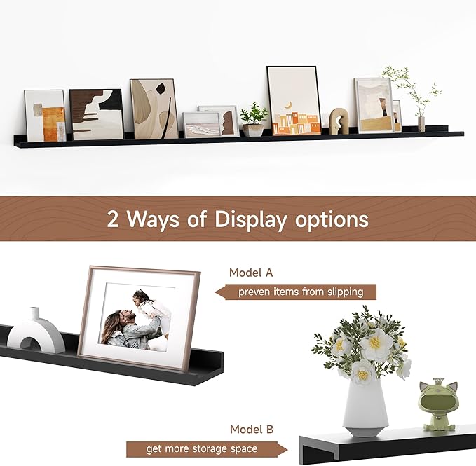 Floating Picture Ledge Shelves for Wall Set of 2, 72 Inches Picture Ledge Shelf with Long Large Nursery Book Shelf for Toys Storage Kids Bookshelf Wall Mounted Living Room Bedroom Decor Frames, Black