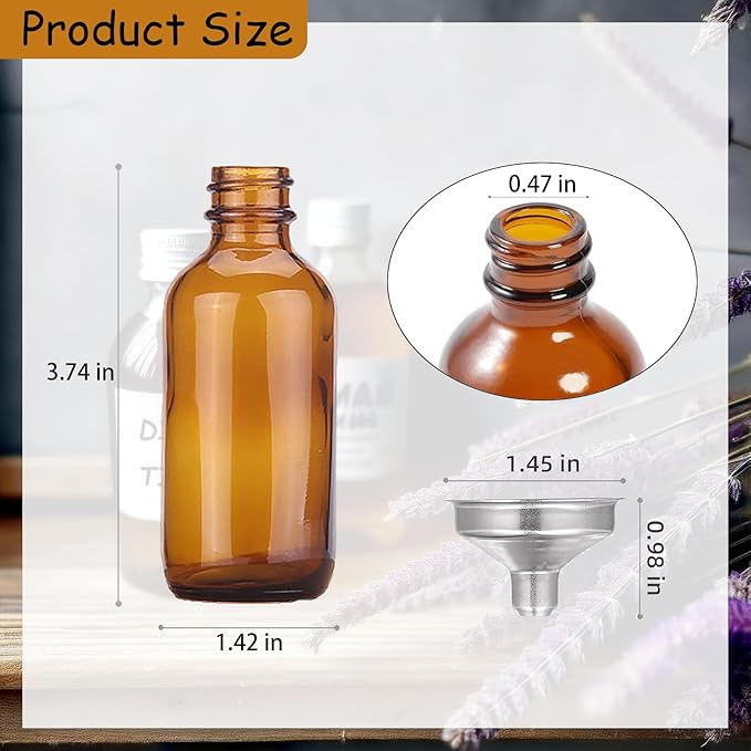 12 Pack 2oz Amber Glass Bottles for Vanilla Extract, Boston Round Leak-Proof Brown Glass Jars with Caps, Bonus Funnel - Ideal for Homemade Extracts, Essential Oils, DIY Christmas Party Gift Supplies