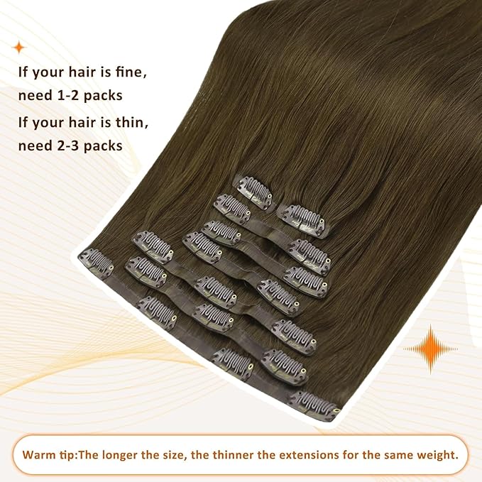 Full Shine Human Hair Clip in Extensions Brown Seamless Hair Extensions Clip in Medium Brown with PU Weft Real Human Hair Clip ins for Women 16 Inch 120 G 8 PCS
