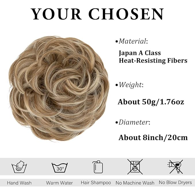 CJL HAIR Large Messy Bun Hair Piece Wavy Curly Scrunchies Synthetic Chignon Ponytail Hair Extensions Thick Updo Hairpieces for Women Sahara Beige