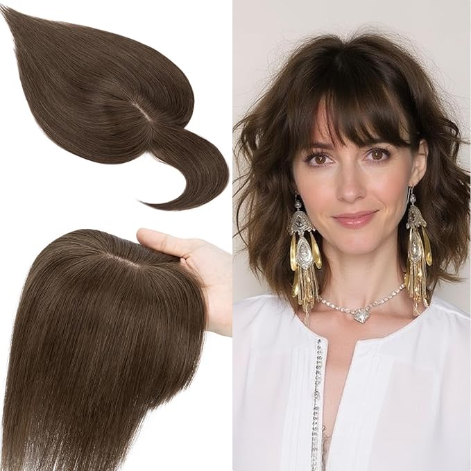SEGO 100% Real Human Hair Toppers, with Air Bangs, Silk Base 150% Density, Clip in Topper, 2.7肺5.1・ HairPieces for Women, with Thinning/Hair Loss Cover Gray