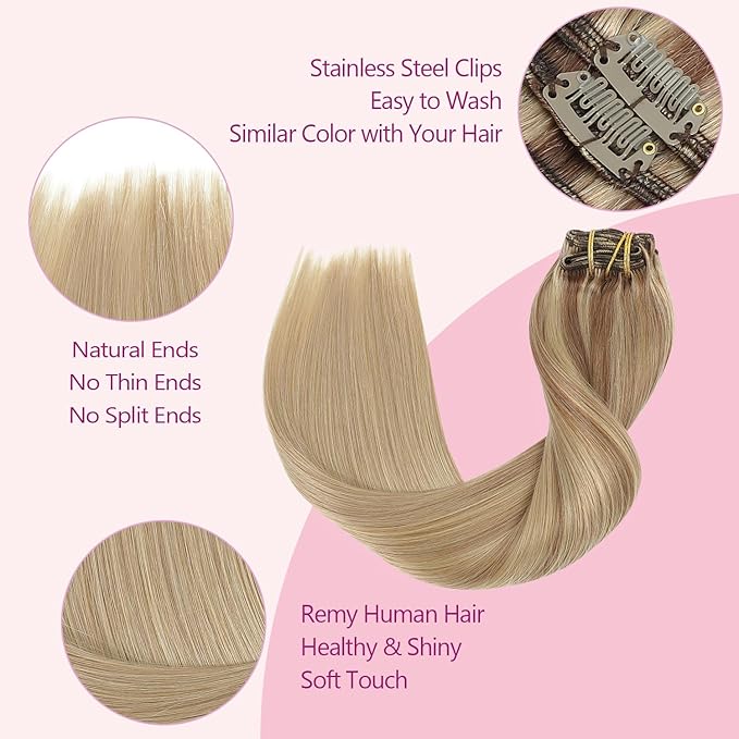 PINKPEARL Clip in Hair Extensions Real Human Hair #10/16/16 Golden Brown to Caramel Blonde Human Hair Clip in Hair Extensions 7pcs 120g 18inch Human Hair Extensios Clip ins(#10/16/16-18)