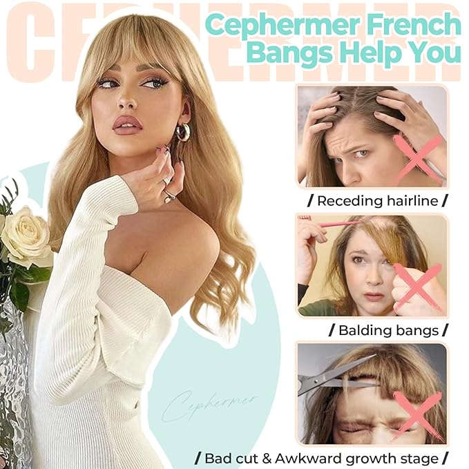 Clip in Bangs, Synthetic French Bangs Hair Clip, Fake Bangs Fringe with Temples Hairpieces for Women Natural Curved Hair Extensions for Daily Wear Light Auburn