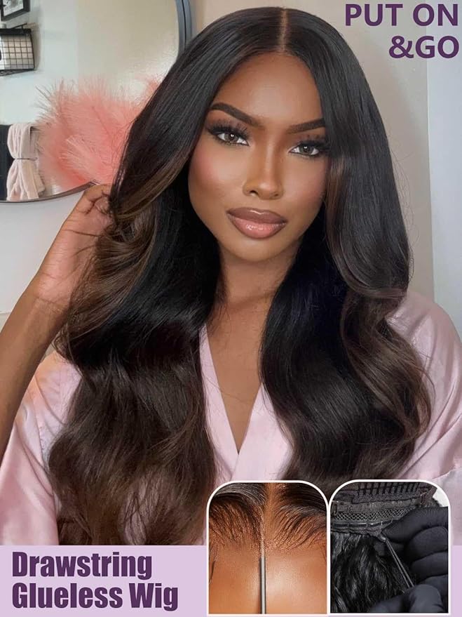 YIROO Bye Bye Knots Chestnut Brown Ombre Light Yaki Straight Wig Human Hair,7x5 Lace Front Glueless Wig with Drawstring,Pre Cut Pre Plucked Pre Bleached Knots Natural Hairline Wig for Women 24Inch