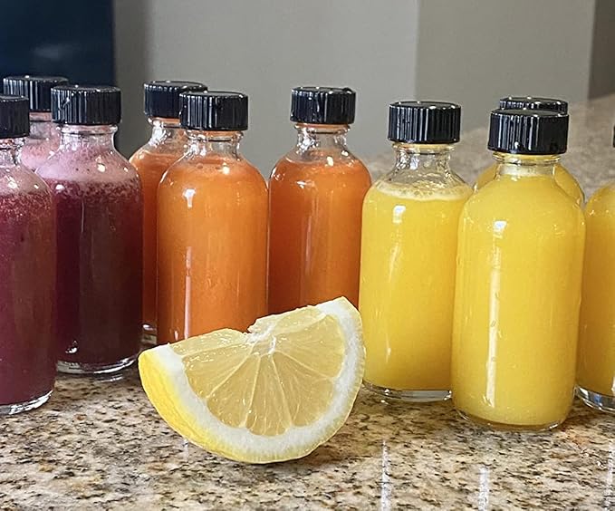 DIDITIME 12 Pack 2 oz Small Clear Glass Bottles with Lids & 2 Funnels - 60ml Boston Round Sample Bottles for Potion, Juice, Ginger Shots, Oils, Whiskey, Wellness Shots, Mini Travel Bottles