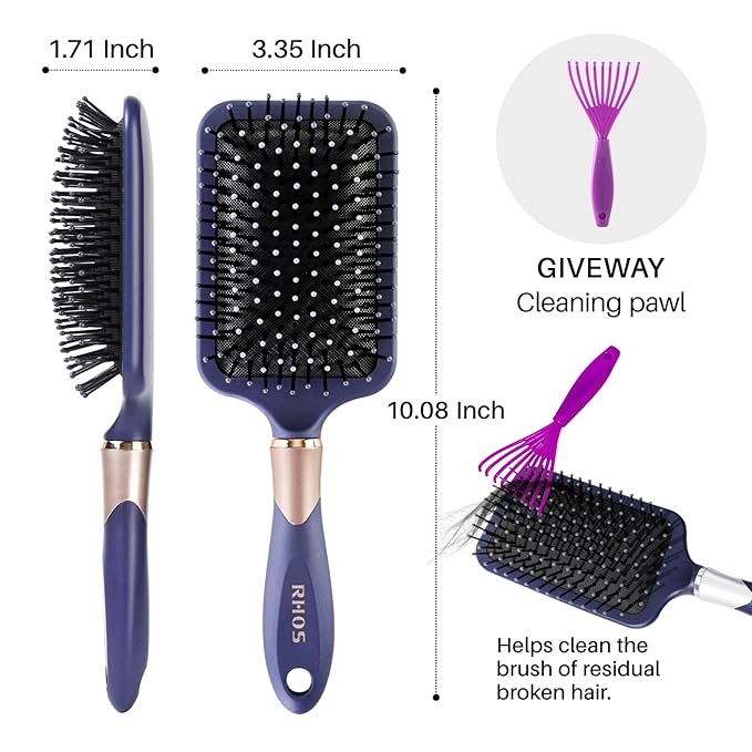 RHOS Hair Brush for Women & Men - Detangler With Nylon Bristles for Thick, Curly, Thin, Long, Wet & Dry Hair - Cushion Square Brush for Detangling, Smoothing (1 Pack-Purple)