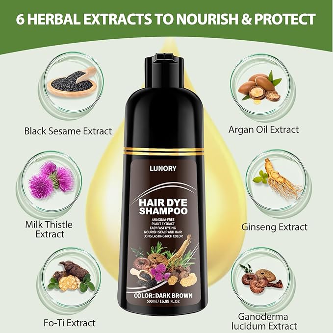 Dark Brown Hair Dye Shampoo for 100% Gray Coverage - 3 IN 1 Hair Color Shampoo with Argan Oil & Ginseng, Ammonia & Paraben Free, Long Lasting Semi-Permanent Natural Color for Women & Men (500ml)