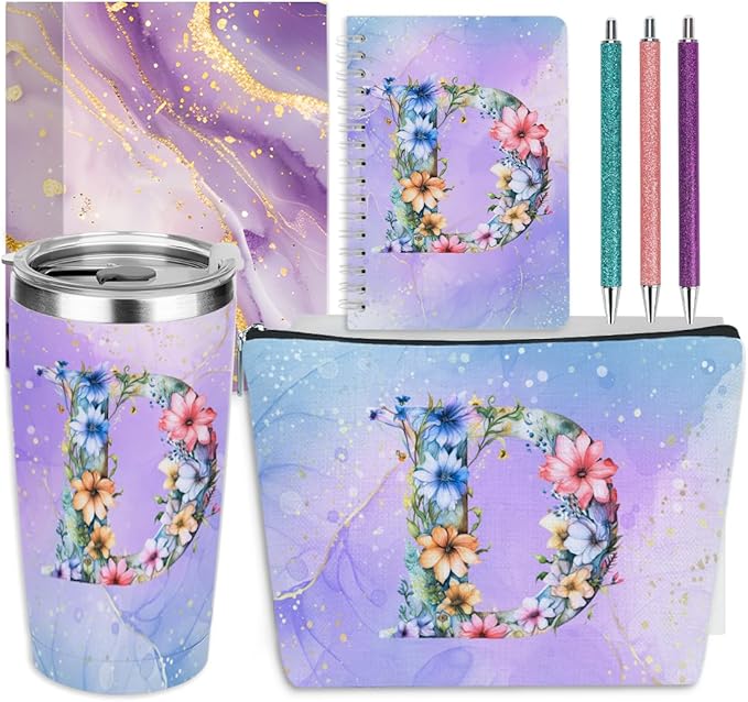 Personalized Gifts Monogrammed Birthday Gifts for Women, Boss Teacher Appreciation Christmas Initial 20 oz Tumbler, Makeup Bag Cup Ballpoint Pens Journal Notebook 6 Set, (Aesthetic Purple Flower D)