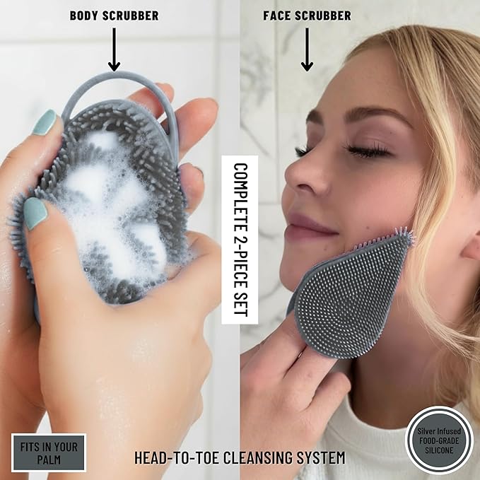 Silver Infused Body Face Scrubber Set - 2 Pack Premium Shower Brush Kit - Avilana Advanced Material Bath Loofah Alternative Complete Skincare System - Luxury Gift Set Women Men