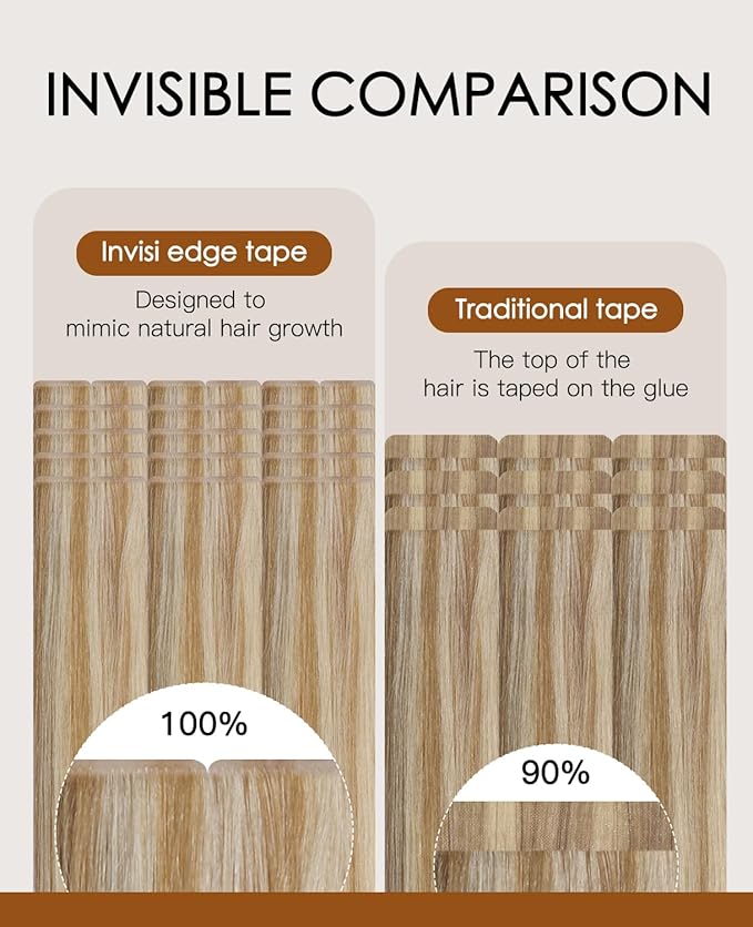 VINBAO Invisible Injected Tape in Hair Extensions 55g Invisi Edge Tape in Hair Extensions 20in 20pcs Light Blonde Highlighted Platinum Blonde Luxury Hair 20inch #27P60