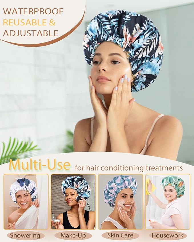 Large Shower Caps for Women Reusable Waterproof Satin Lined Shower Cap with Adjustable Band Double Layer Design Luxury Washable Bath Hair Bonnet (Black Palm)