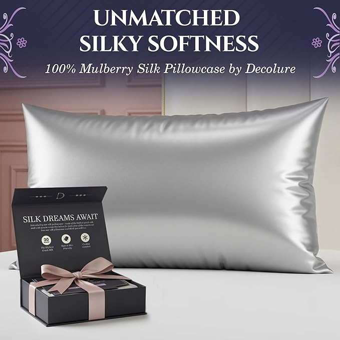 DECOLURE 100% Pure Mulberry Silk Pillow Case Queen Size – Highest Grade 30 Momme 6A+, Luxuriously Soft & Cooling Silk Pillowcase for Hair & Skin, Hypoallergenic, Breathable, Hidden Zipper (Silver)