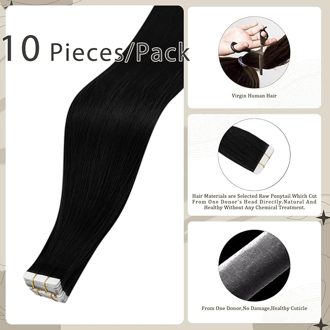 Full Shine 18Inch Black Virgin Tape in Hair Extensions Remy Tape in Human Hair Extensions Color 1 Black 25 Gram Seamless Unprocessed Skin Weft 10Pcs for Women