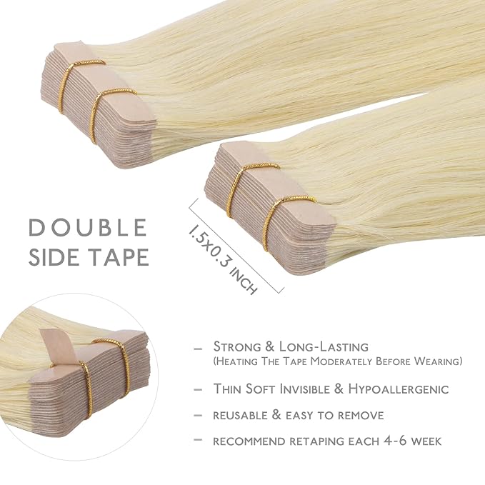 WENNALIFE Tape in Hair Extensions Human Hair, 20pcs 50g 22 inch Bleach Blonde Remy Hair Extensions Straight Human Hair Tape in Extensions Skin Weft Tape Extensions Human Hair