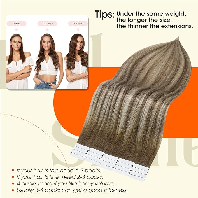 Full Shine Ombre Tape in Hair Extensions Human Hair 12Inch Seamless Tape in Extensions 6/60/6 Brown Ombre to Blonde Highlighted Light Blonde Double Sided Hair Extensions Remy Hair 30G 20pcs Natural
