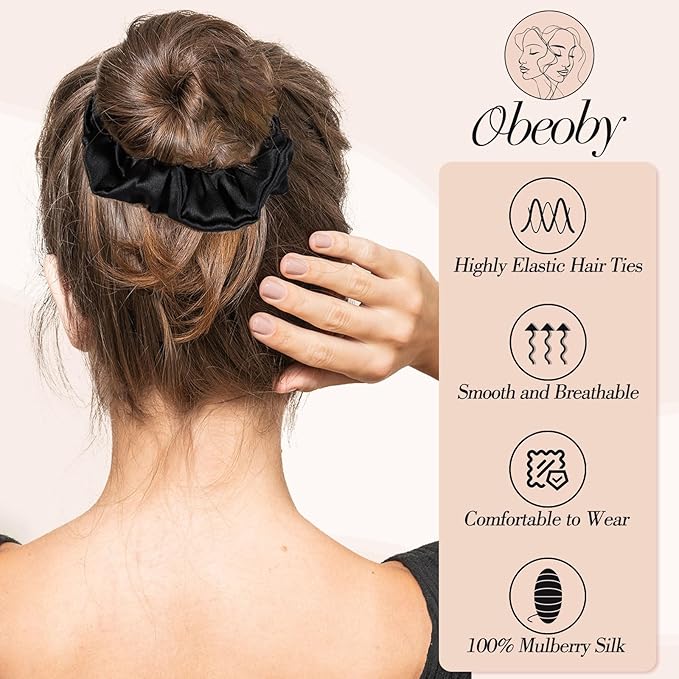 4 Pack Mulberry Silk Scrunchies, Brown Silk Hair Ties for Hair Sleep No Damag Satin Scrunchies Valentines Day Gifts for Wife