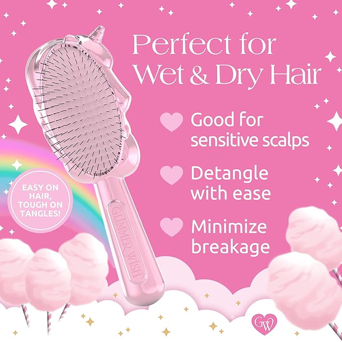 Glimmer Wish Unicorn Hair Detangler Brush for Kids – Gentle & Soft Bristles for Tangle-Free Locks – Anti-Frizz & Anti-Static – Hairbrush for Wet or Dry Use, Hair Brush for Girls and Women