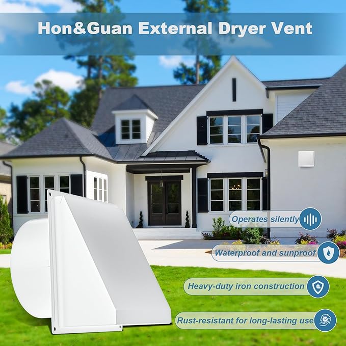 Hon&Guan Dryer Vent Cover Outside with Removable Mesh, Wall Mount Extractor Vent with Rubber Cushioned Non-Return Flap, High Quality Iron Outside Dryer Vent Cover for House (White, 6 Inch)