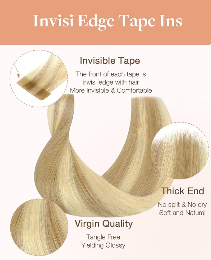 GOO GOO Invisi Edge Tape in Hair Extensions Human Hair, 16/22 Light Blonde Highlighted Golden Blonde, 6pcs 14inch 15g, Virgin Remy Hair, Seamless Injected Tape, Natural Look