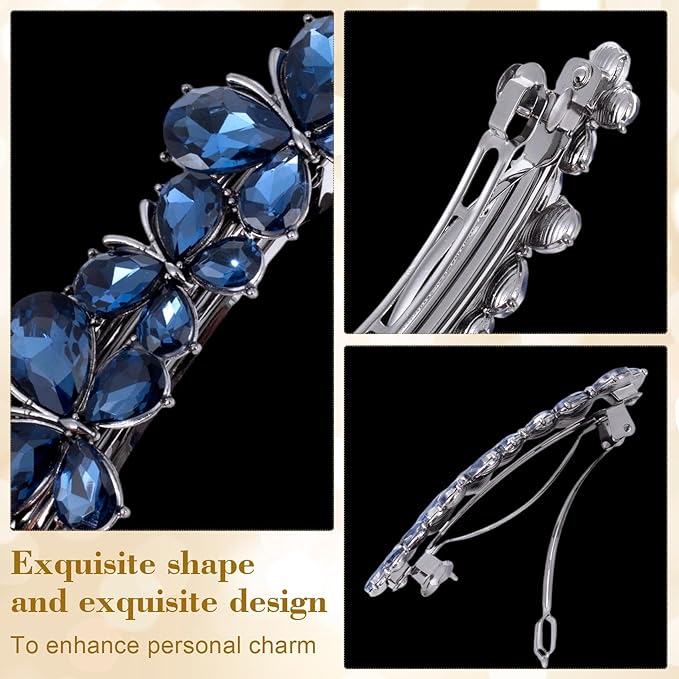 Joez Wonderful Rhinestone Hair Clip Sparkly Crystal Barrettes French Wedding Prom Engagement Pageant First Communion Hair Decorative Accessories for Women Bride Thick Long Hair (Butterfly Blue, 1 Pcs)