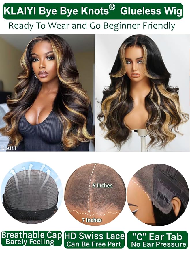 KLAIYI Ombre Highlight Blonde Loose Body Wave Bye Bye Knots Glueless Wigs Human Hair 7x5 Precut Lace Front Pre Plucked Bleached Ready to Wear Go Wig with Face Framing Curtain Bang Caramel Brown 16Inch