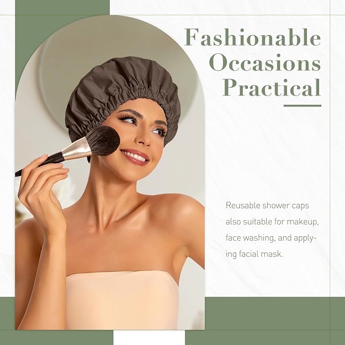 Reusable Shower Cap for Women, Large Waterproof Shower Essentials Bonnet Washable Elastic Band Bath Hair Wrap Hat for Long Hair, Braids(Dark Coffee)