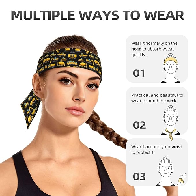 Men Women Sports Sweat Bands, Multifunction Long Head Ribbon for Yoga Workout Shower, Fashion Cool Black Yellow Buldozer Excavator Construct Machines Headwear Hair Decor