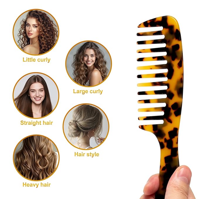 Large Wide Tooth Hair Comb, LADYAMZ [Tortoise Shell] Cellulose Acetate Round Tooth Comb for Straight/Curly Hair,Short/Long Hair Women Men or Kids, Easy Detangling Wet or Dry, Anti-static (Brown)