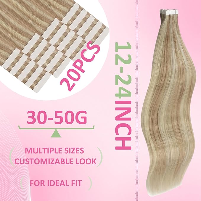 YoungSee Tape in Human Hair Extensions Blonde Highlight Tape in Extensions Light Blonde Highlighted Strawberry Invisible Tape-on Hair Extensions Silky Straight 18 Inch 20pcs 50g Easy to Put
