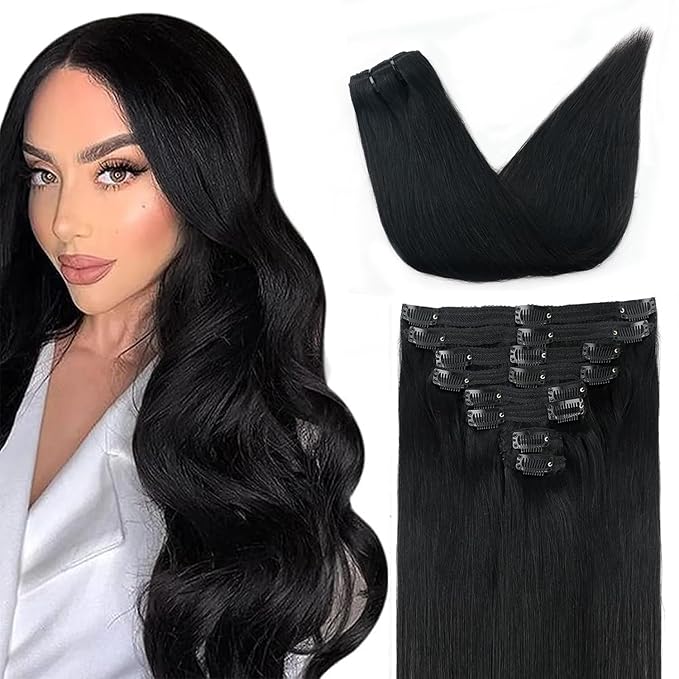 Straight Clip In Hair Extensions Real Human Hair 8Pcs Clip In Jet Black Human Hair Extensions with 18Clips Lace Weft 120g 24inch